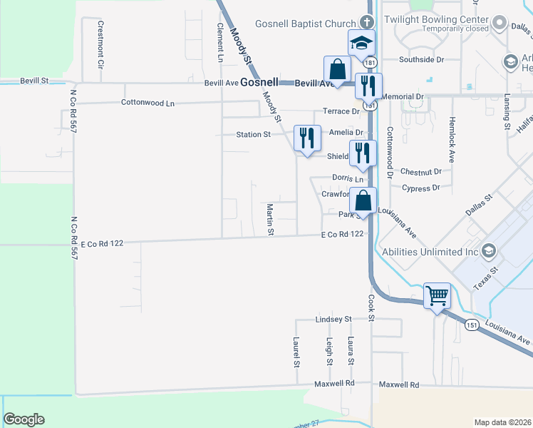 map of restaurants, bars, coffee shops, grocery stores, and more near 511 Martin Street in Blytheville