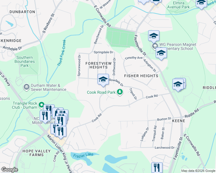 map of restaurants, bars, coffee shops, grocery stores, and more near 3011 Cedarwood Drive in Durham