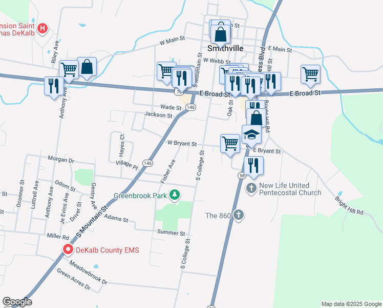 map of restaurants, bars, coffee shops, grocery stores, and more near 707 South College Street in Smithville