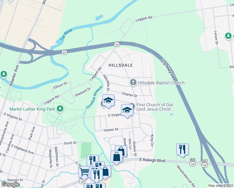 map of restaurants, bars, coffee shops, grocery stores, and more near 1517 Charter Drive in Rocky Mount