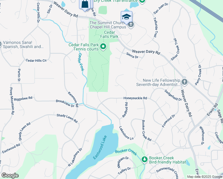 map of restaurants, bars, coffee shops, grocery stores, and more near 109 Half Moon Point in Chapel Hill