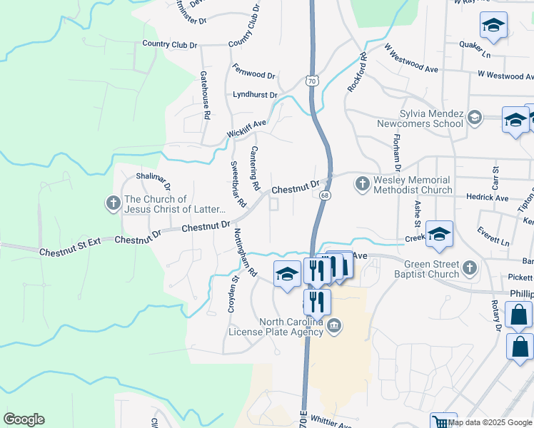 map of restaurants, bars, coffee shops, grocery stores, and more near 1417 Chestnut Drive in High Point