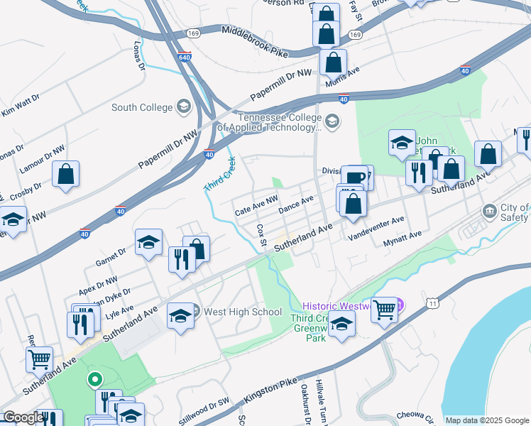 map of restaurants, bars, coffee shops, grocery stores, and more near 3721 Dance Avenue in Knoxville
