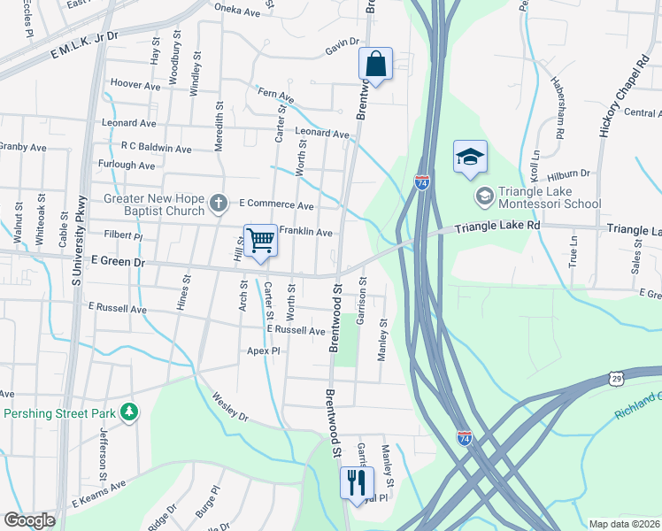map of restaurants, bars, coffee shops, grocery stores, and more near 2207 East Green Drive in High Point