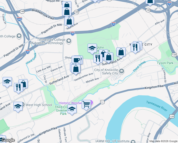 map of restaurants, bars, coffee shops, grocery stores, and more near 3313 Vandeventer Avenue in Knoxville