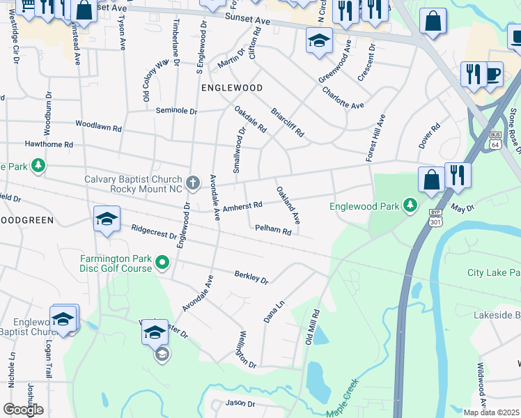 map of restaurants, bars, coffee shops, grocery stores, and more near 2821 Amherst Road in Rocky Mount