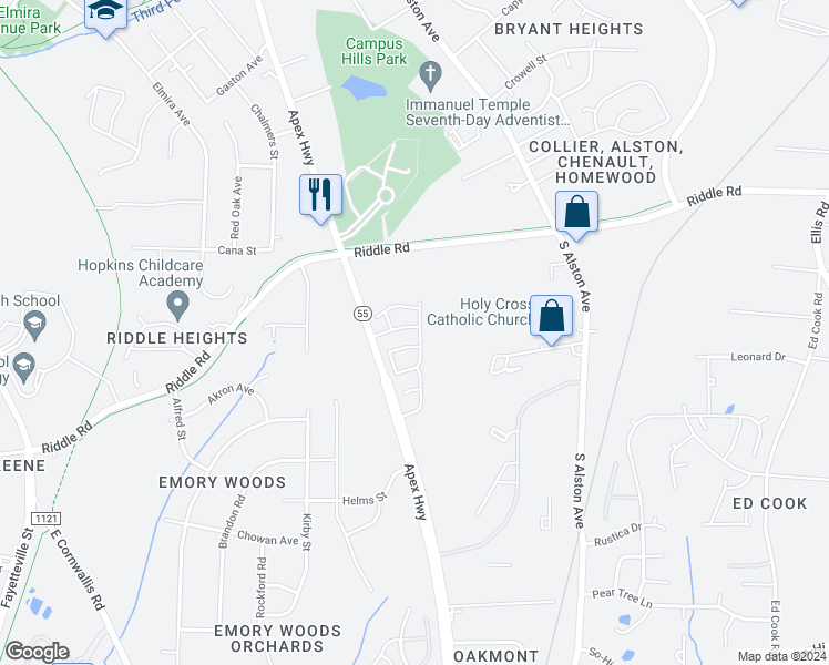 map of restaurants, bars, coffee shops, grocery stores, and more near 1122 Latitude Drive in Durham