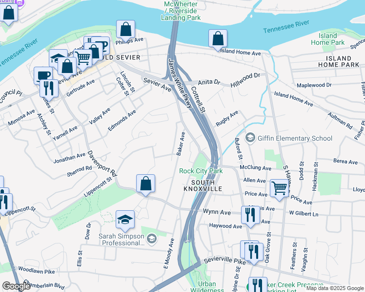 map of restaurants, bars, coffee shops, grocery stores, and more near 2701 Sevier Avenue in Knoxville