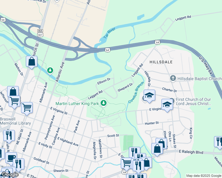 map of restaurants, bars, coffee shops, grocery stores, and more near 833 Leggett Road in Rocky Mount
