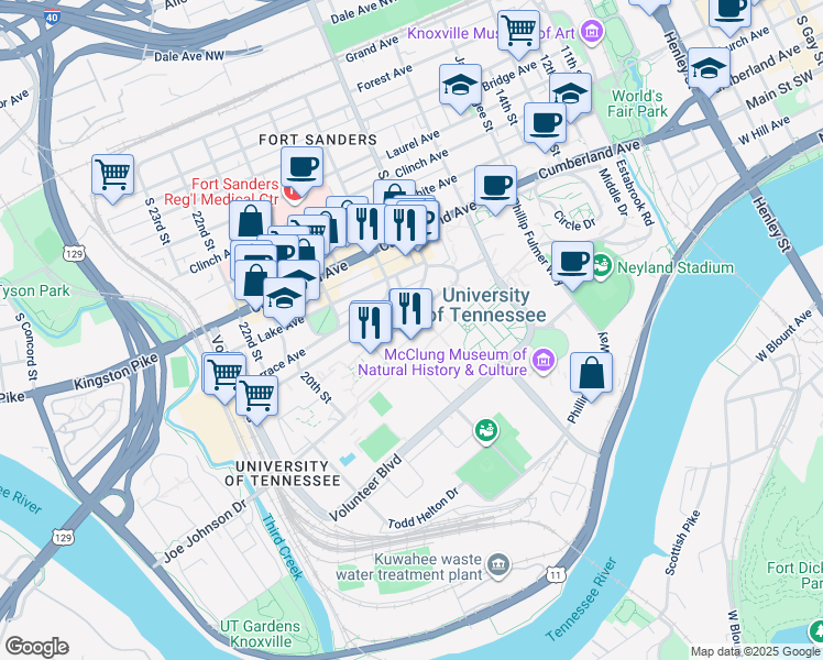 map of restaurants, bars, coffee shops, grocery stores, and more near 1812 Melrose Avenue in Knoxville