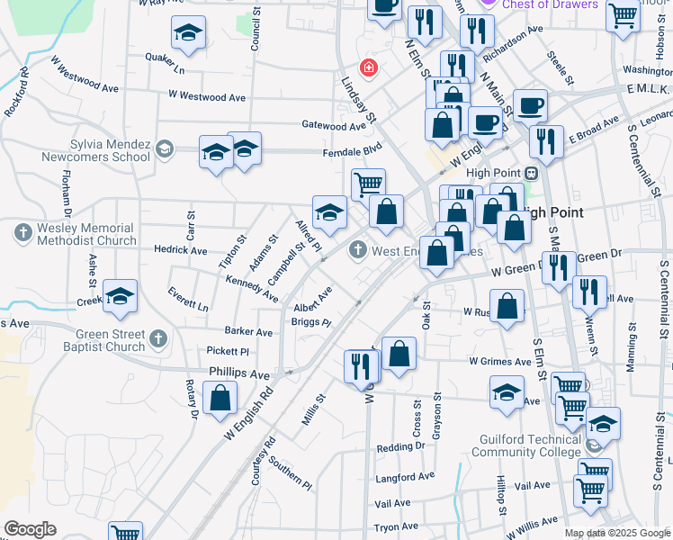 map of restaurants, bars, coffee shops, grocery stores, and more near 915 West English Road in High Point