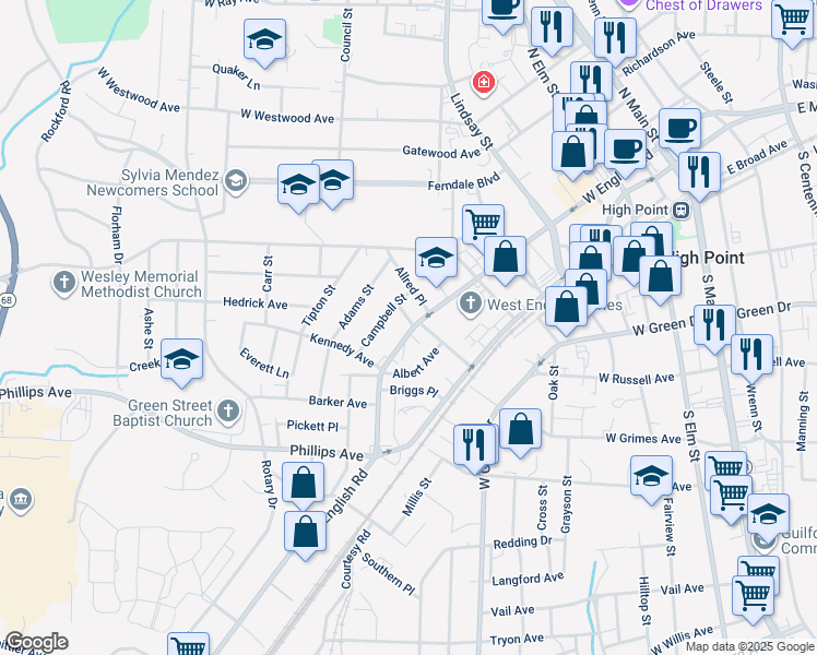 map of restaurants, bars, coffee shops, grocery stores, and more near 1102 West English Road in High Point