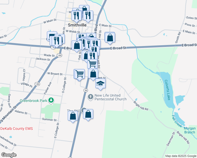 map of restaurants, bars, coffee shops, grocery stores, and more near 225 East Bryant Street in Smithville