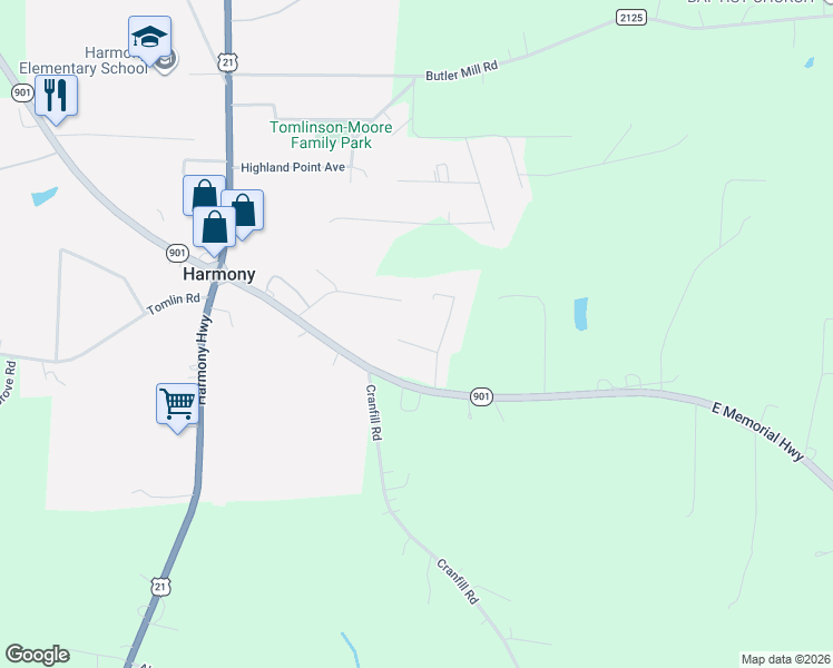 map of restaurants, bars, coffee shops, grocery stores, and more near 114 Polly Ann Drive in Harmony