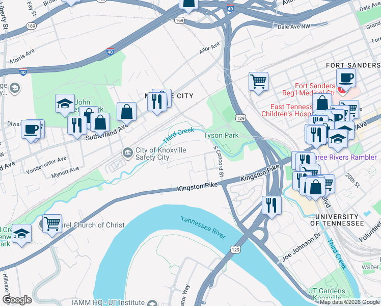 map of restaurants, bars, coffee shops, grocery stores, and more near 2751 Jersey Avenue in Knoxville