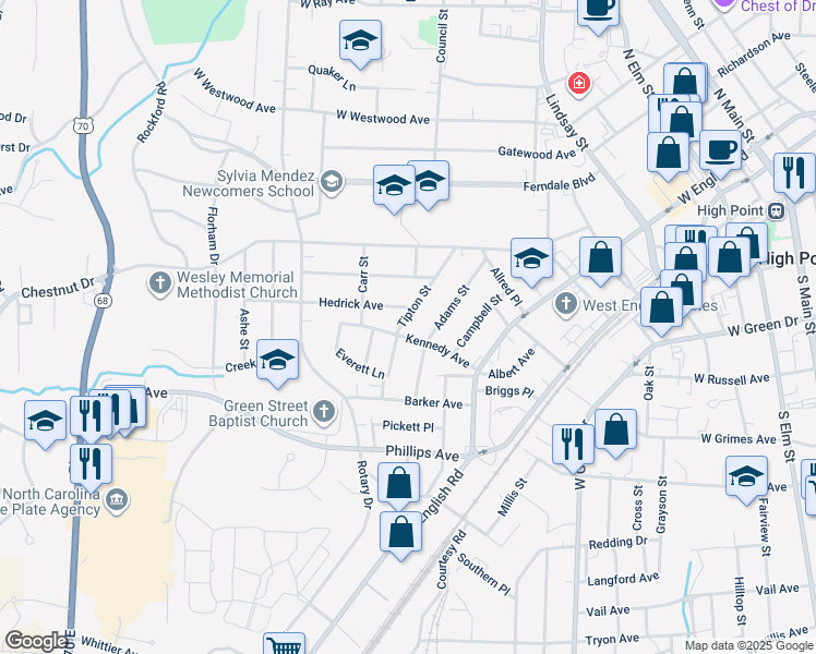 map of restaurants, bars, coffee shops, grocery stores, and more near 1207 Tipton Street in High Point