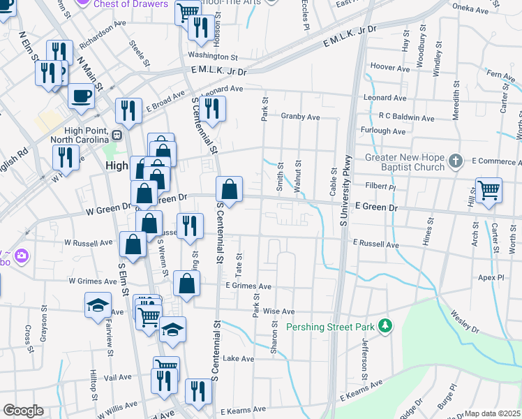 map of restaurants, bars, coffee shops, grocery stores, and more near 1601 Park Court in High Point