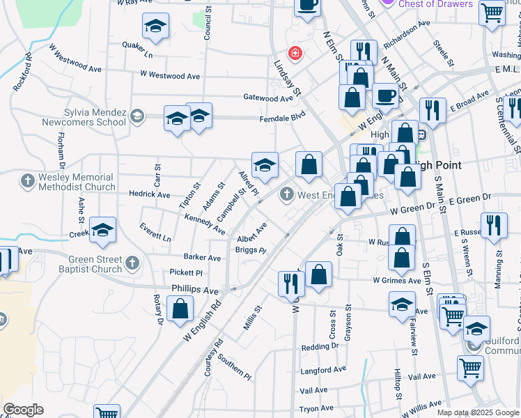 map of restaurants, bars, coffee shops, grocery stores, and more near 915 West English Road in High Point