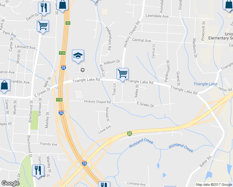 map of restaurants, bars, coffee shops, grocery stores, and more near 1021 True Lane in High Point