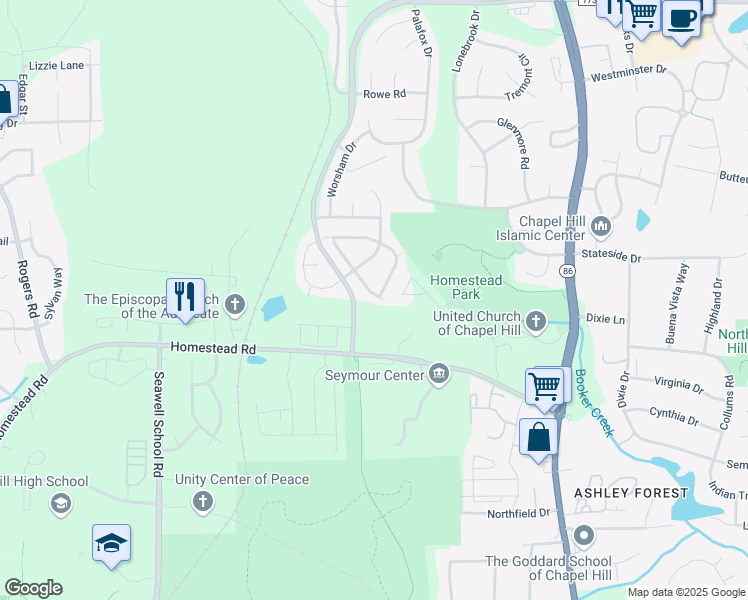 map of restaurants, bars, coffee shops, grocery stores, and more near 124 Cabernet Drive in Chapel Hill