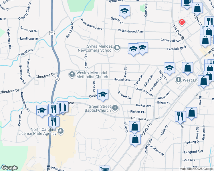 map of restaurants, bars, coffee shops, grocery stores, and more near 505 West Rotary Drive in High Point