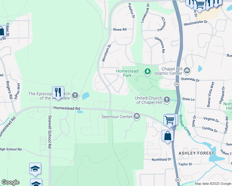 map of restaurants, bars, coffee shops, grocery stores, and more near 120 Cabernet Drive in Chapel Hill