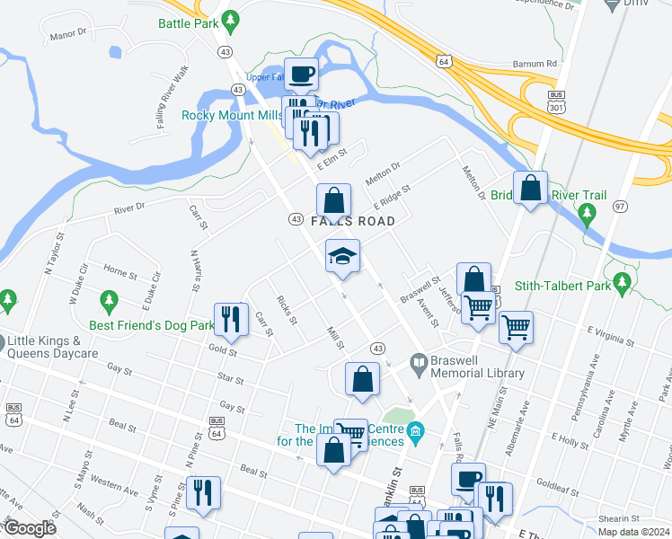 map of restaurants, bars, coffee shops, grocery stores, and more near 811 Peachtree Street in Rocky Mount