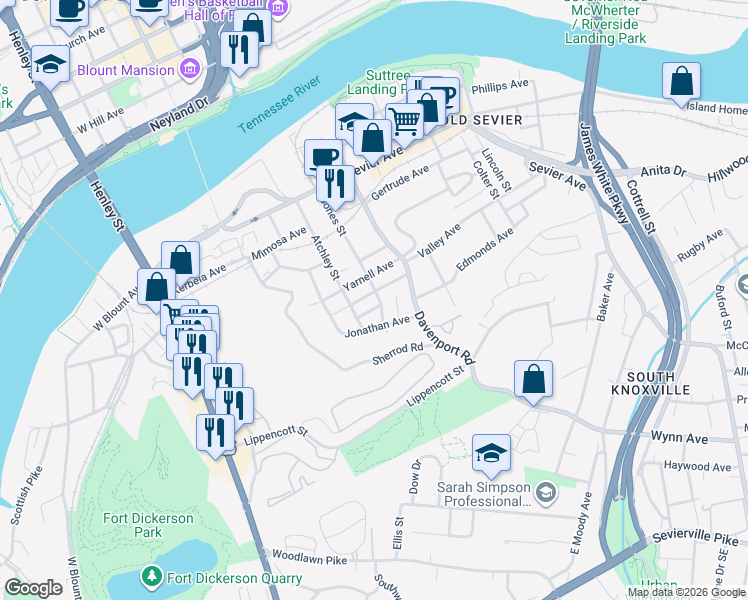 map of restaurants, bars, coffee shops, grocery stores, and more near 2505 Jones Street in Knoxville