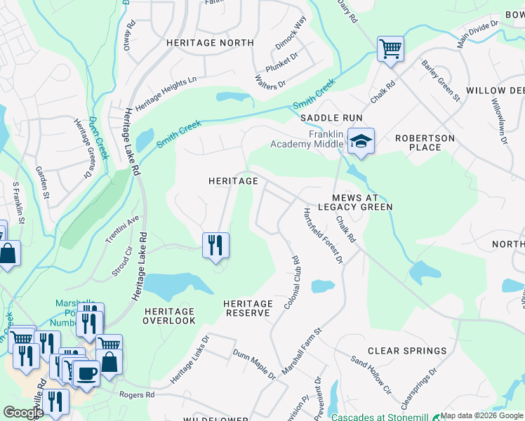 map of restaurants, bars, coffee shops, grocery stores, and more near 1233 Fairview Club Drive in Wake Forest