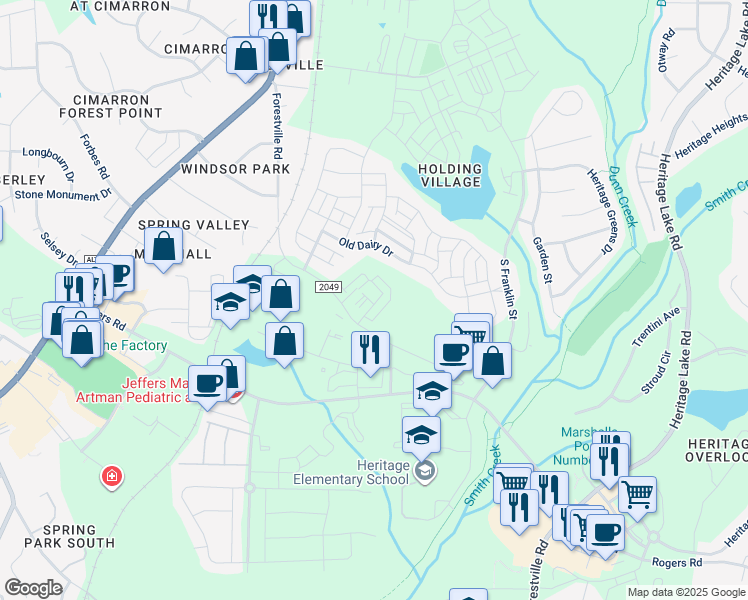 map of restaurants, bars, coffee shops, grocery stores, and more near 219 Broomgrove Way in Wake Forest