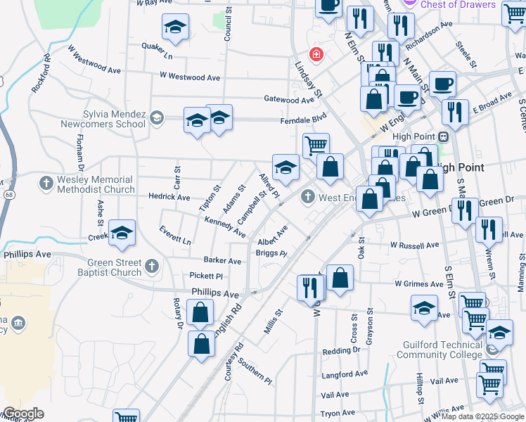 map of restaurants, bars, coffee shops, grocery stores, and more near 1102 West English Road in High Point