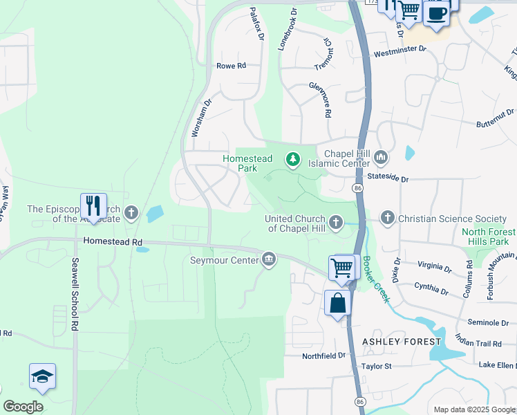 map of restaurants, bars, coffee shops, grocery stores, and more near 101 Gamay Drive in Chapel Hill