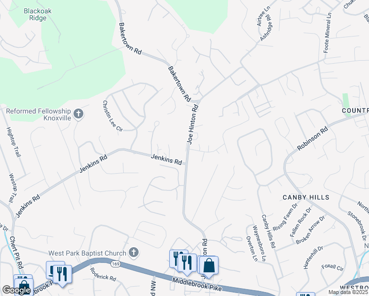 map of restaurants, bars, coffee shops, grocery stores, and more near 1615 Joe Hinton Road in Knoxville