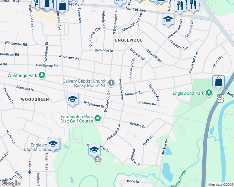 map of restaurants, bars, coffee shops, grocery stores, and more near 3008 Amherst Road in Rocky Mount