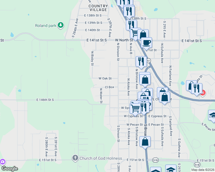 map of restaurants, bars, coffee shops, grocery stores, and more near 507 West Pine Street in Coweta