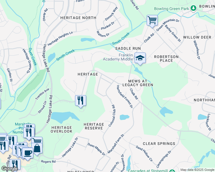map of restaurants, bars, coffee shops, grocery stores, and more near 1210 Colonial Club Road in Wake Forest