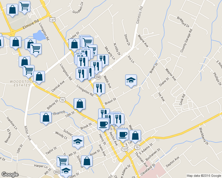 map of restaurants, bars, coffee shops, grocery stores, and more near 709 Webb Avenue in Crossville