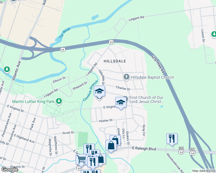 map of restaurants, bars, coffee shops, grocery stores, and more near 1517 Charter Drive in Rocky Mount