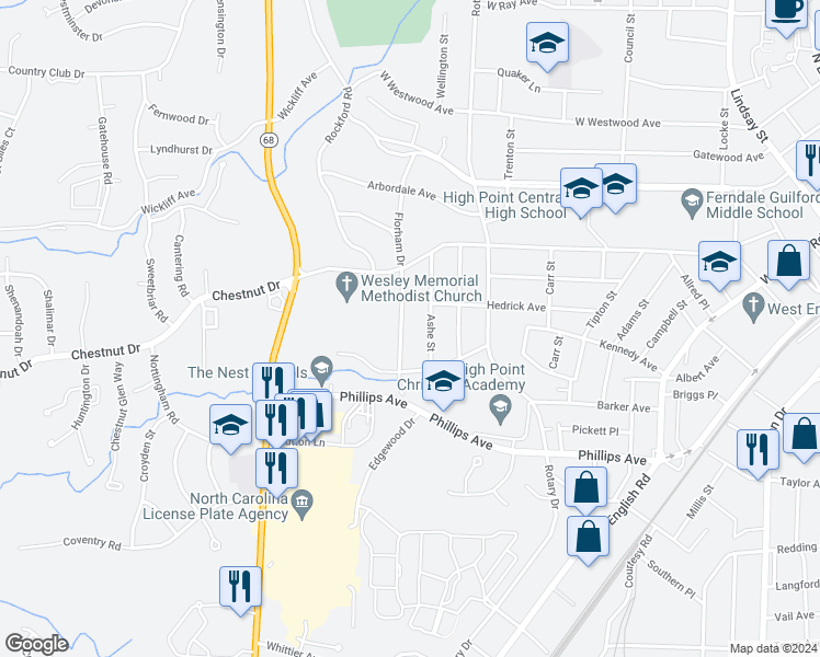 map of restaurants, bars, coffee shops, grocery stores, and more near 510 Florham Drive in High Point