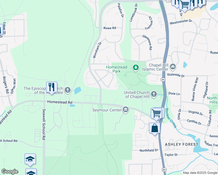 map of restaurants, bars, coffee shops, grocery stores, and more near 120 Cabernet Drive in Chapel Hill