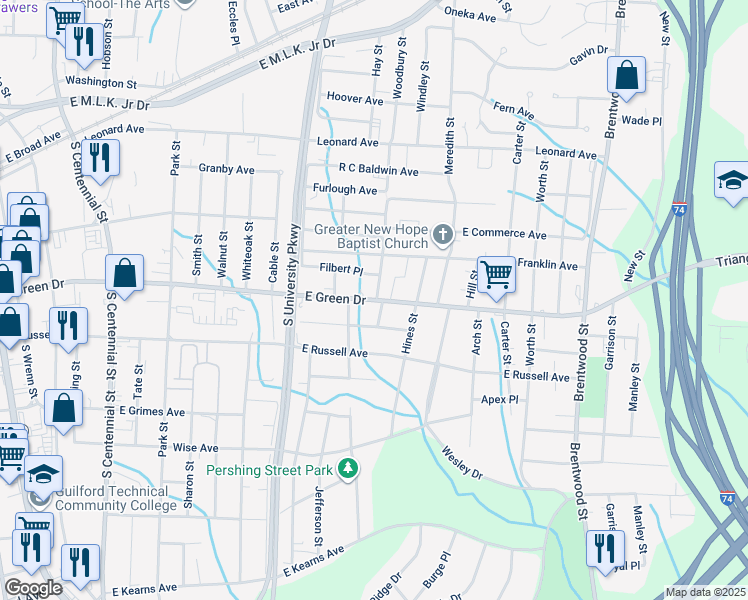 map of restaurants, bars, coffee shops, grocery stores, and more near 1304 East Green Drive in High Point