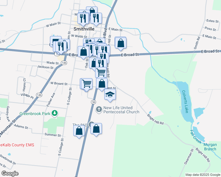 map of restaurants, bars, coffee shops, grocery stores, and more near 225 East Bryant Street in Smithville
