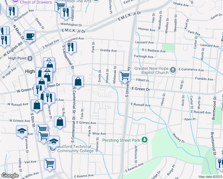 map of restaurants, bars, coffee shops, grocery stores, and more near 914 East Green Drive in High Point