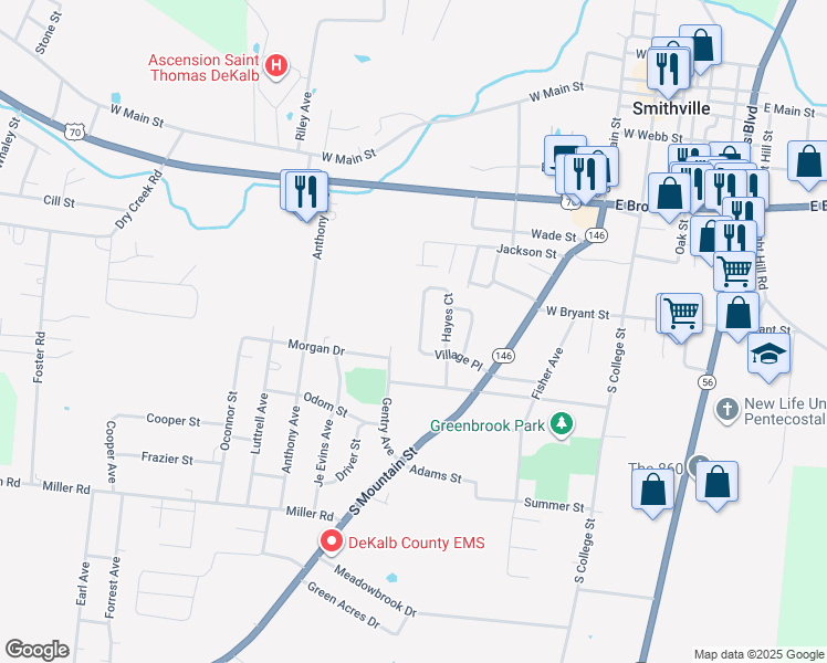 map of restaurants, bars, coffee shops, grocery stores, and more near 140 Village Place in Smithville