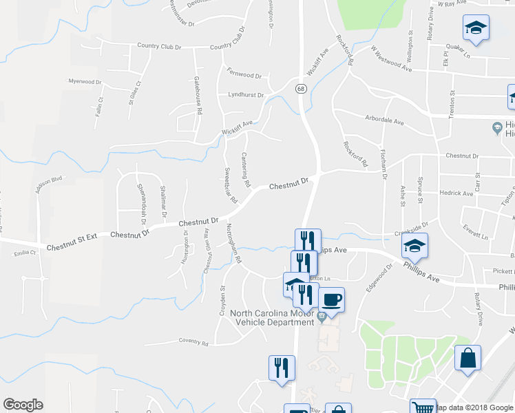 map of restaurants, bars, coffee shops, grocery stores, and more near 1417 Chestnut Drive in High Point