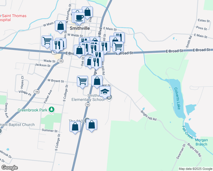 map of restaurants, bars, coffee shops, grocery stores, and more near 221 East Bryant Street in Smithville