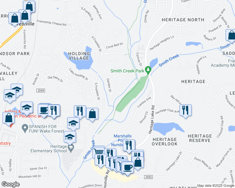 map of restaurants, bars, coffee shops, grocery stores, and more near 1213 Heritage Greens Drive in Wake Forest