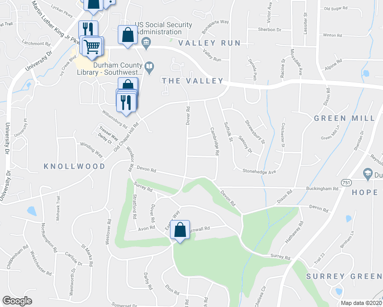 map of restaurants, bars, coffee shops, grocery stores, and more near 3431 Dover Road in Durham