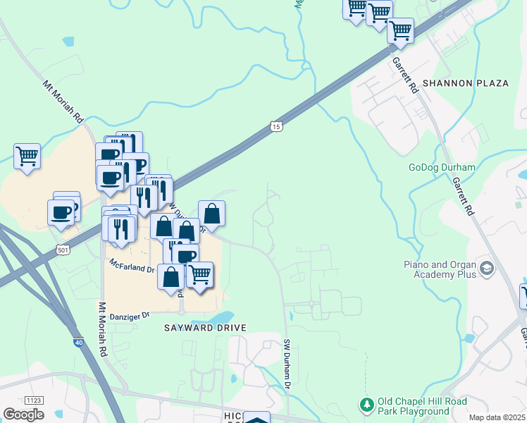 map of restaurants, bars, coffee shops, grocery stores, and more near 100 Northcreek Drive in Durham