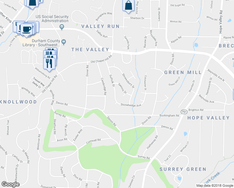 map of restaurants, bars, coffee shops, grocery stores, and more near 3715 Suffolk Street in Durham